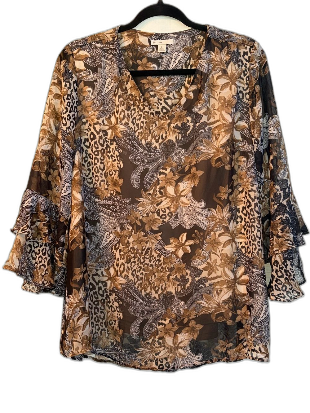 Paisley & Floral Ruffle-Sleeve Blouse - Brown